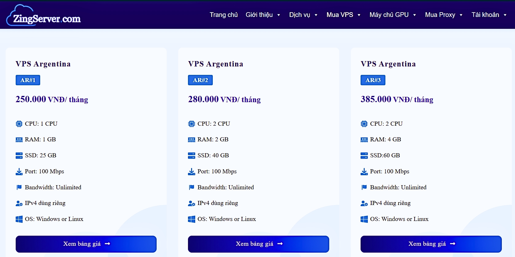 Các Gói Dịch Vụ VPS Argentina tại ZingServer