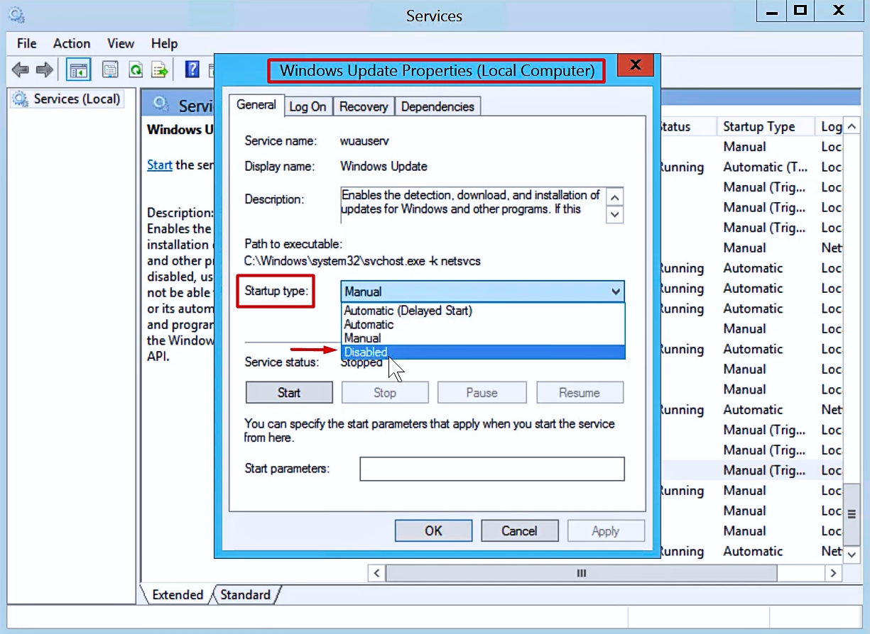 Tại cửa sổ Windows Update Properties mục Startup type chọn Disabled để tắt update