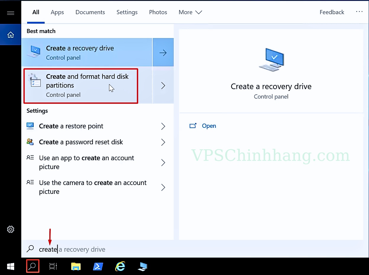 Tại cửa sổ tìm kiếm trong VPS, tìm kiếm Create and format hard disk partitions