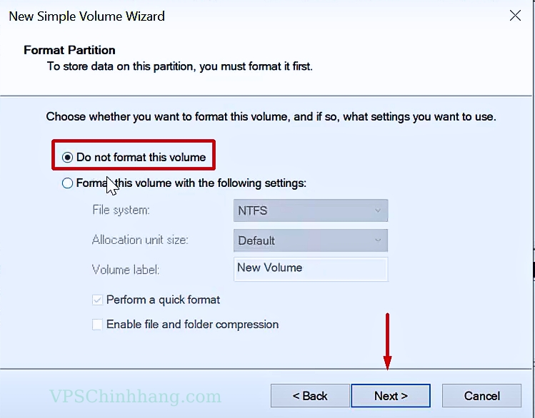 Tại ổ này chọn Do not format this volume để không xóa dữ liệu