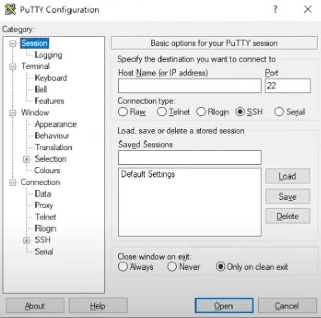 PuTTY configuration - Session