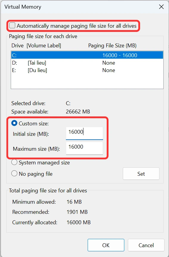 Thiết lập kích thước Page File thủ công để tối ưu hiệu năng và fix lỗi disk usage VPS Windows