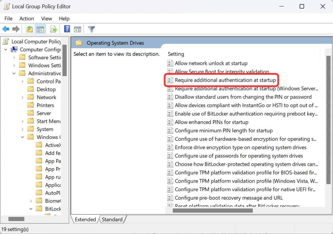 Tìm đến chính sách "Require additional authentication at startup" để cấu hình cho BitLocker.
