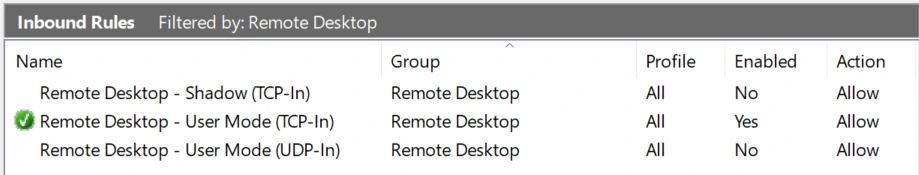 Sau khi lọc theo nhóm "Remote Desktop", hãy vô hiệu hóa các quy tắc thừa, chỉ giữ lại rule "User Mode (TCP-In)" đang hoạt động.