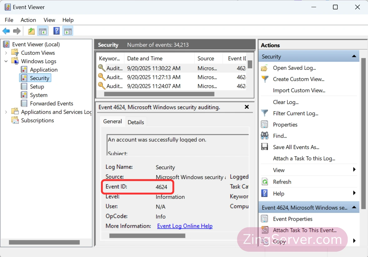 Giao diện Event Viewer hiển thị chi tiết Event ID 4624 (Đăng nhập thành công)