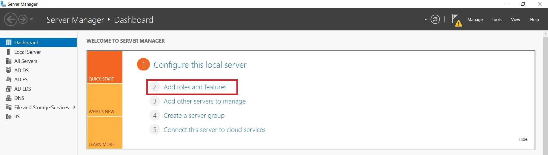 Bắt đầu thêm vai trò từ Server Manager Dashboard.