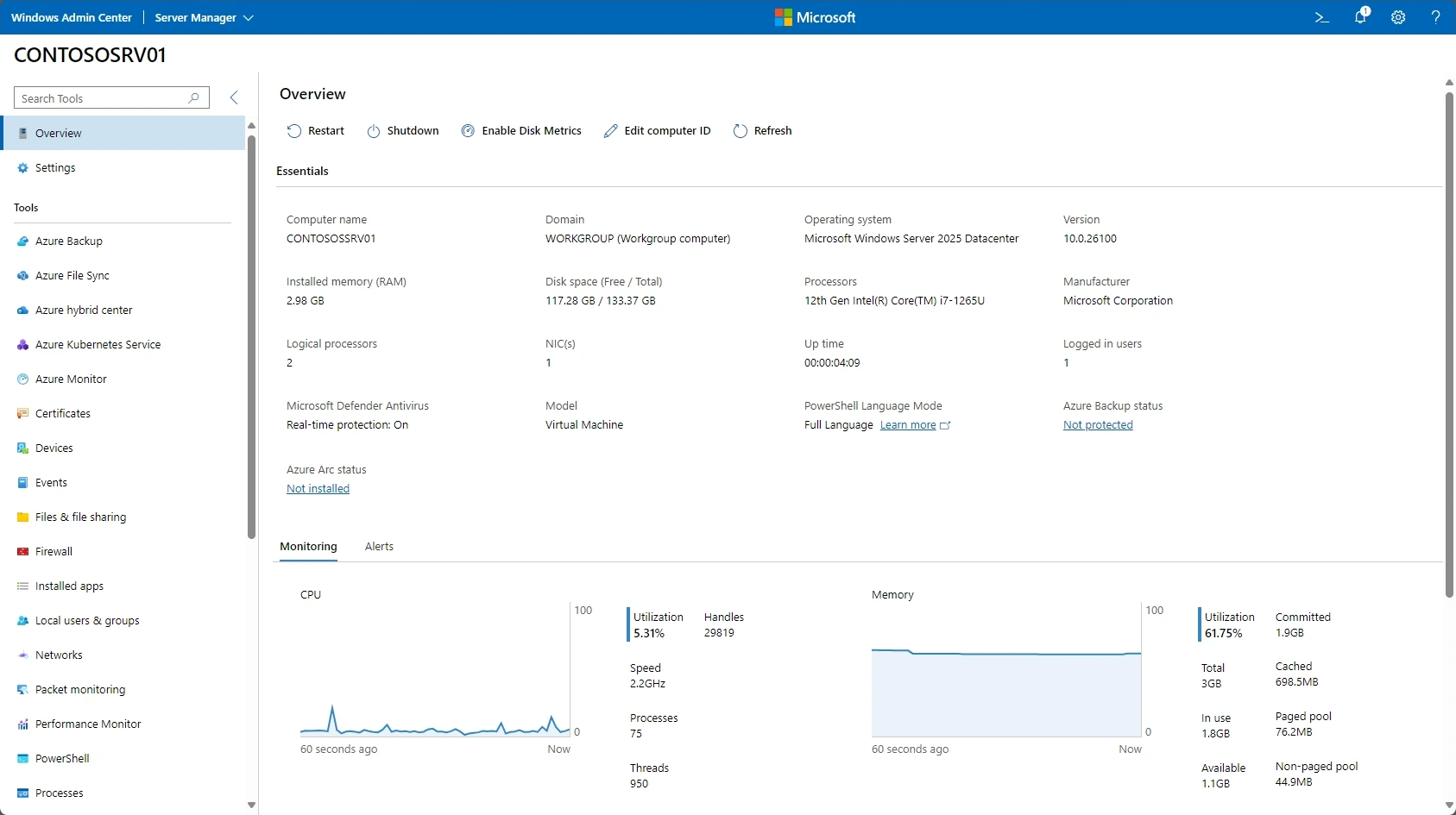 Bảng điều khiển Windows Admin Center theo dõi CPU và RAM trên VPS